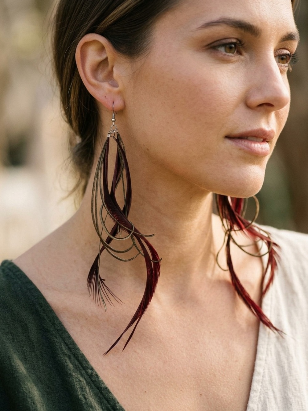 Handmade Feather Earrings Long Boho Burgundy & Brown 6”